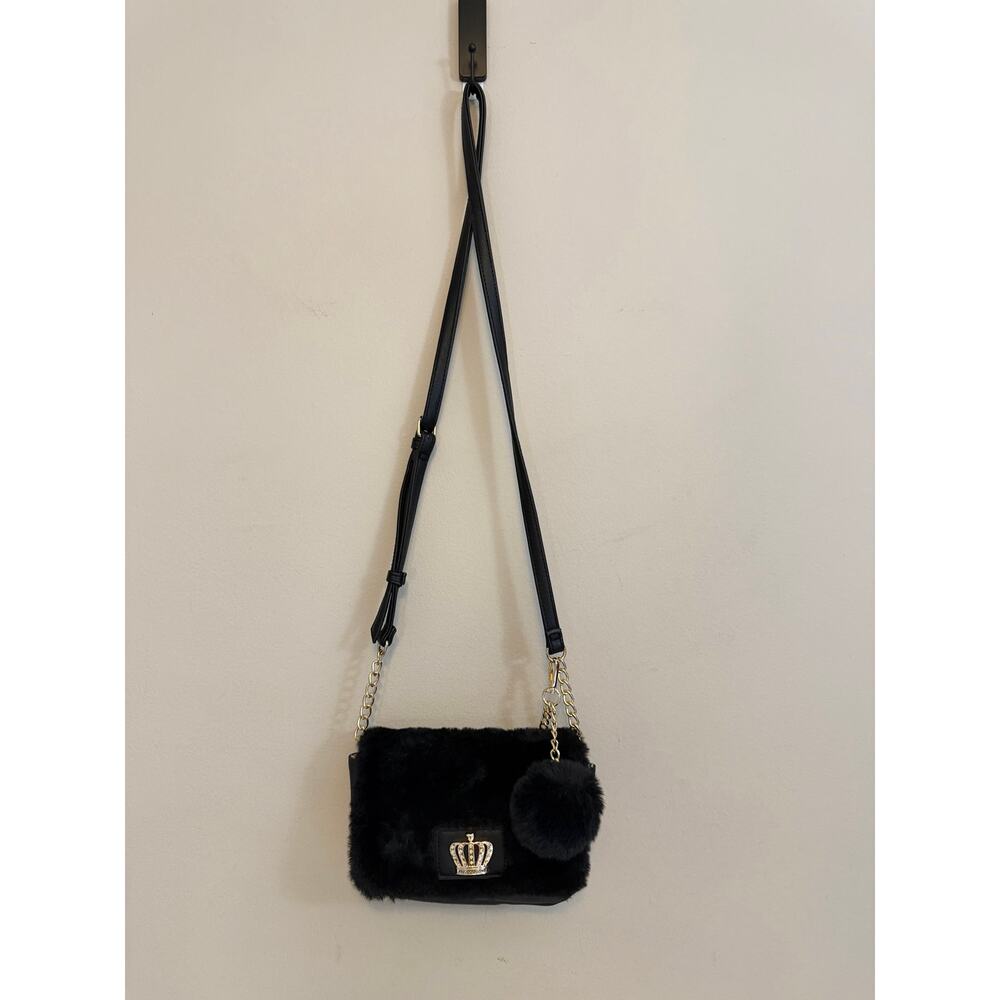 Juicy Couture Crossbody Bag Faux Fur Black Y2K Glam Aesthetic Pompom Chain Strap - Picture 6 of 11